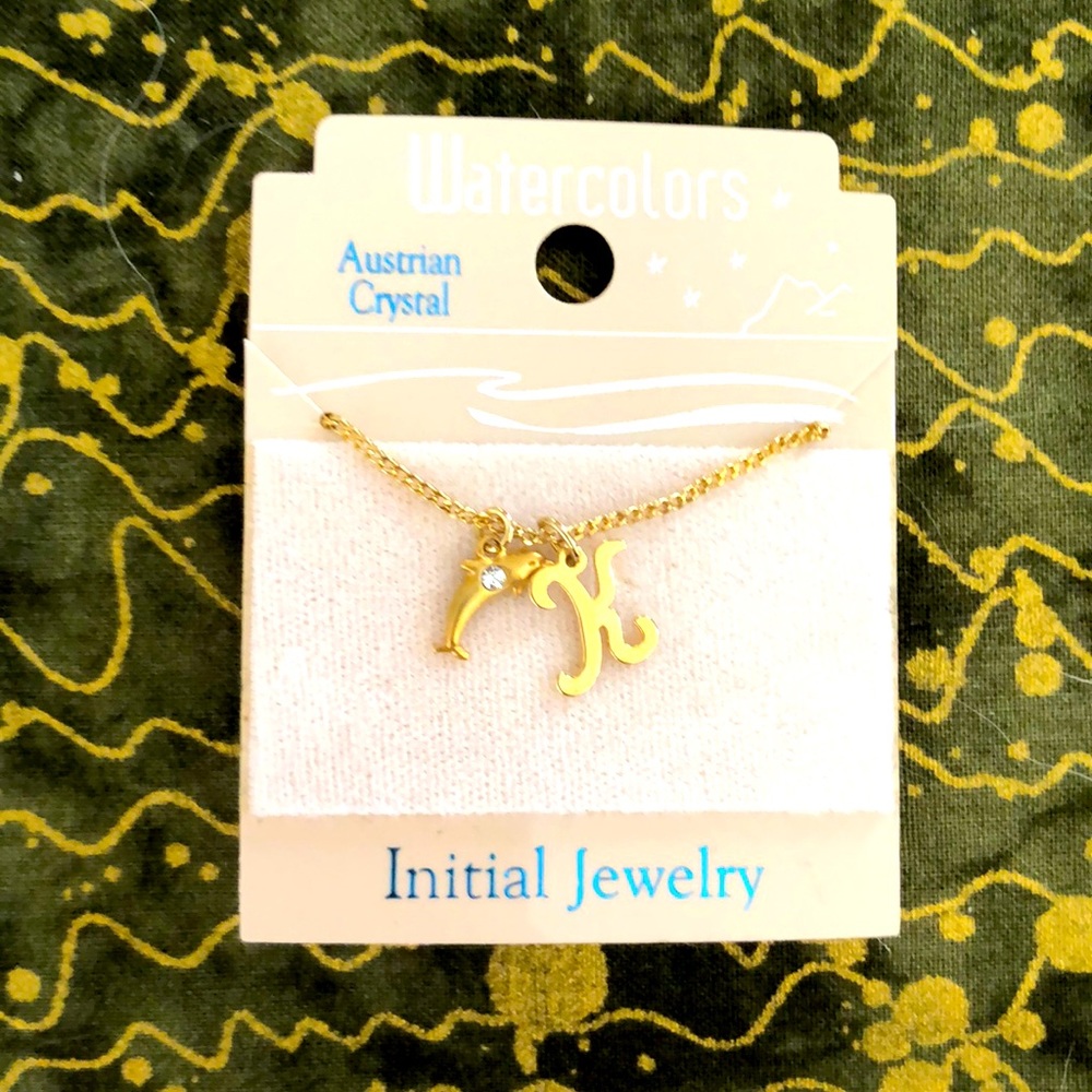 Gold Tone Chain with Dolphin W/Austrian  Crystal and Letter K Charms NEW